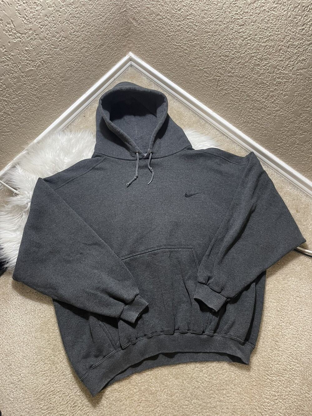 VTG Nike Mini Swoosh Hoodie 90s Size XL Dark Charcoal Grey White Tag HeavyWeight